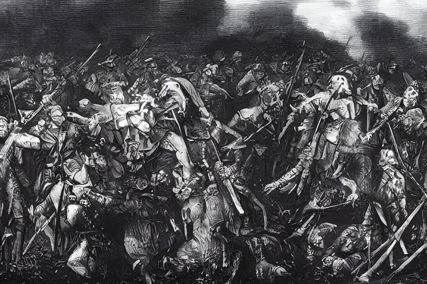 Monochrome chaotic battle scene with soldiers in melee combat