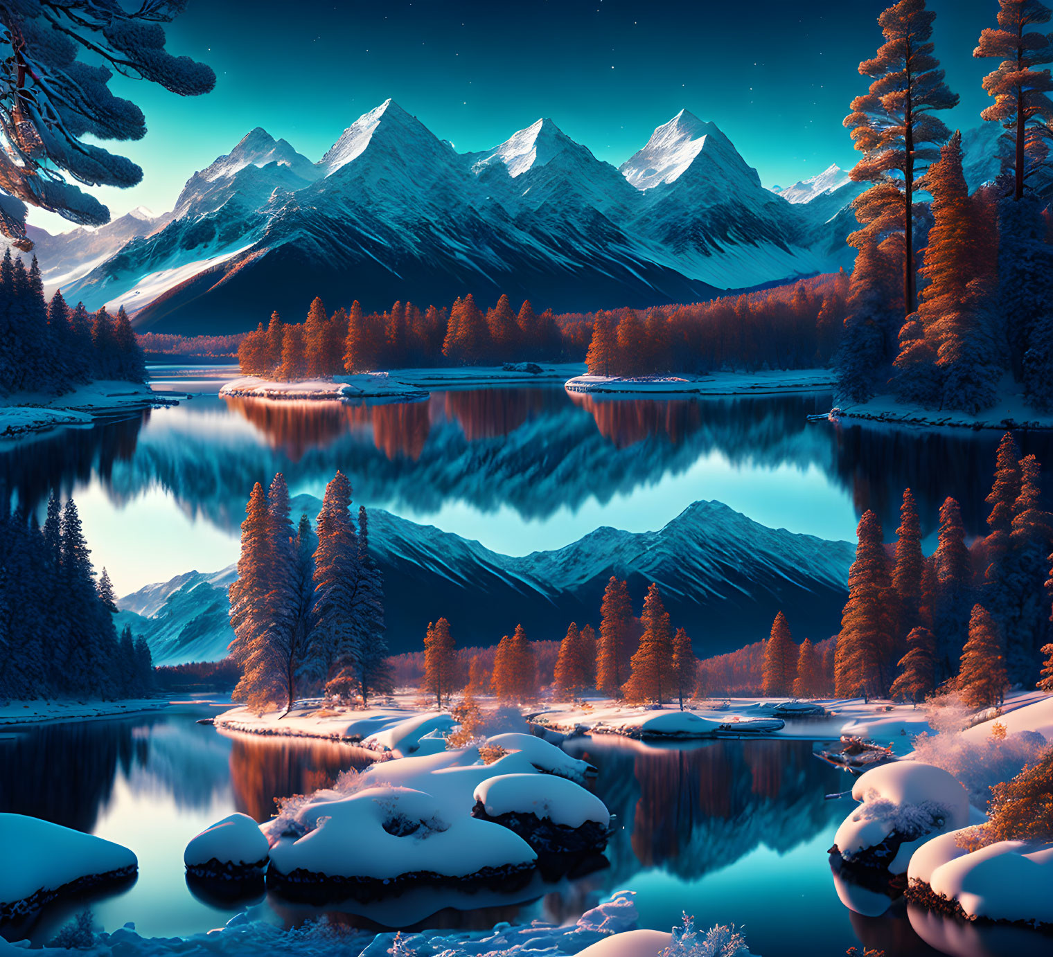 Snow-covered pine trees, calm lake, snow-capped mountains in serene winter landscape