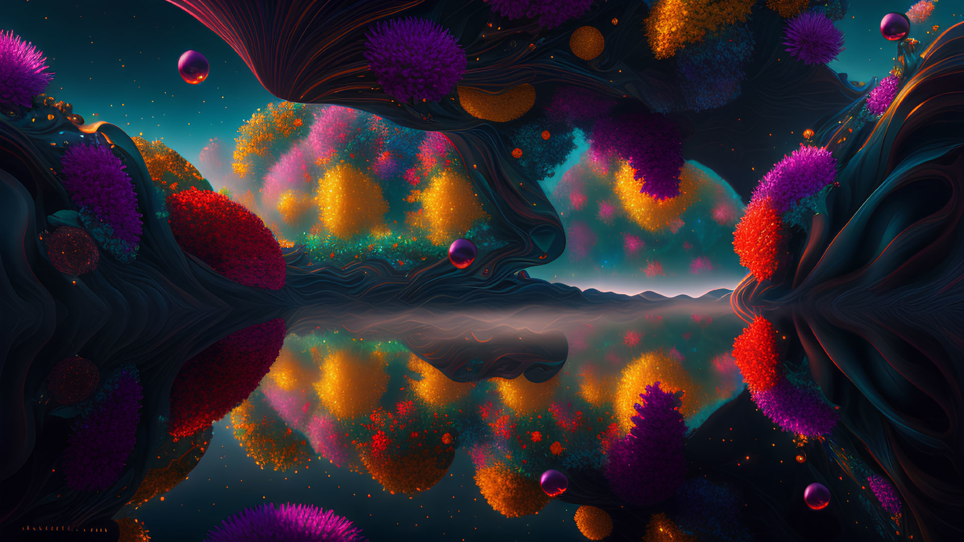 Colorful underwater digital artwork with coral-like structures and floating orbs.