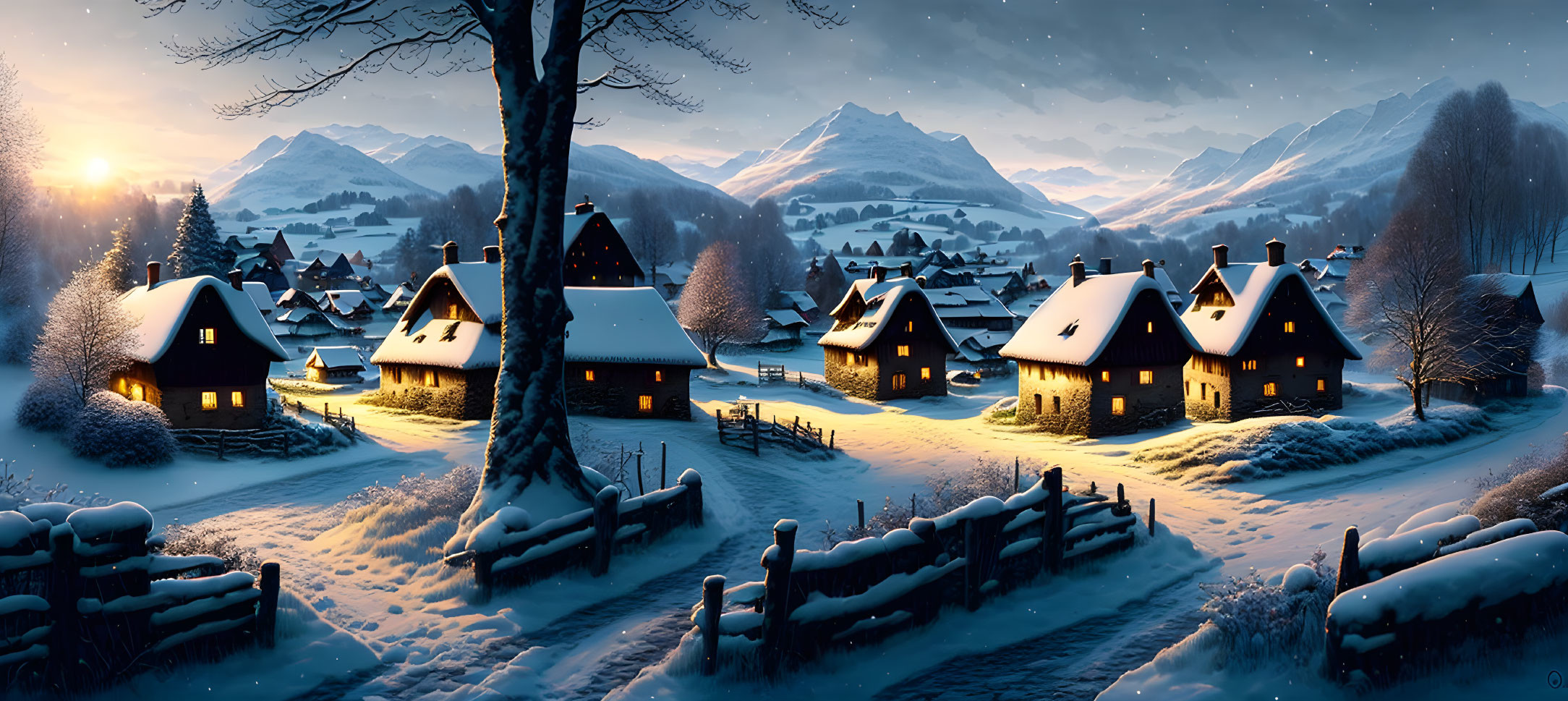 Snow-covered village at dusk with illuminated houses, tree, mountains, and twilight sky.