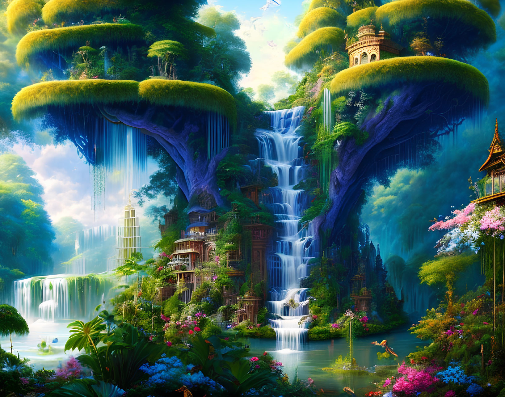 Fantastical landscape with cascading waterfalls, lush greenery, and ornate buildings