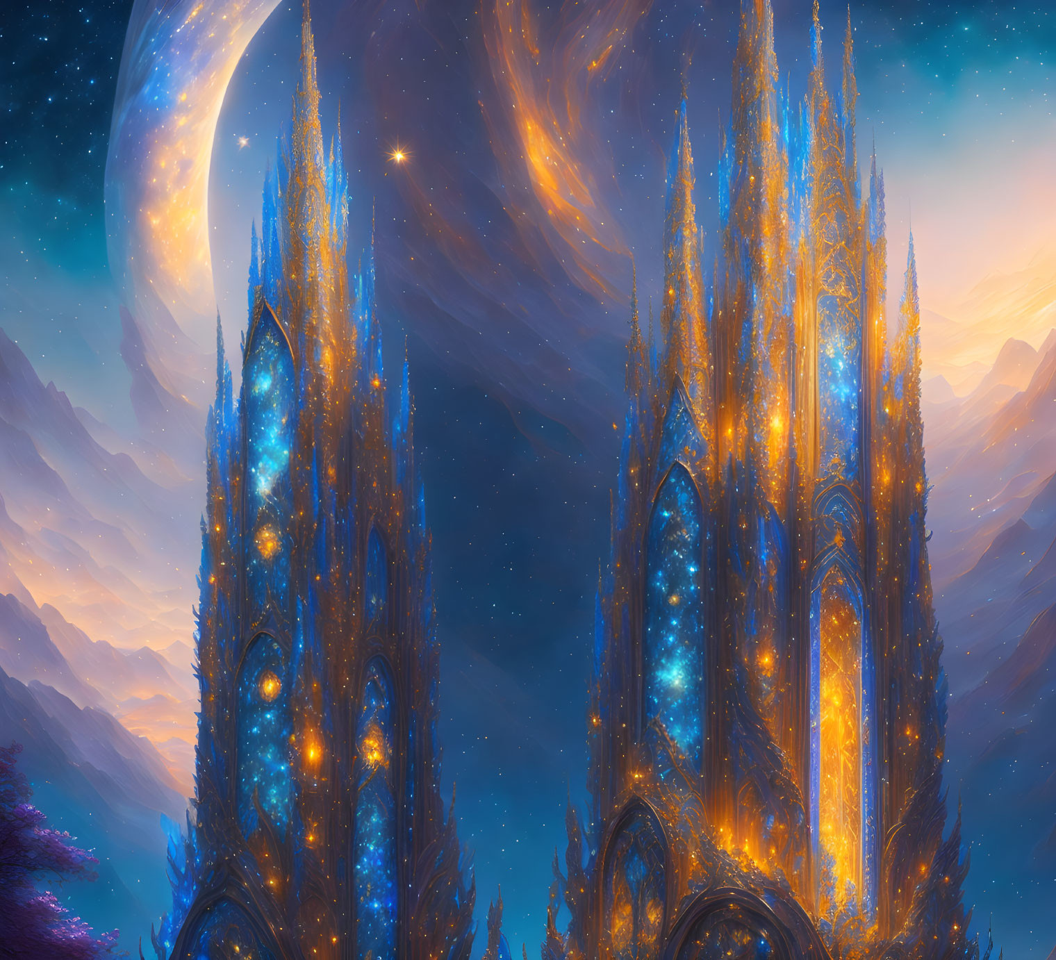 Fantastical landscape with towering star-filled spires and swirling galaxies