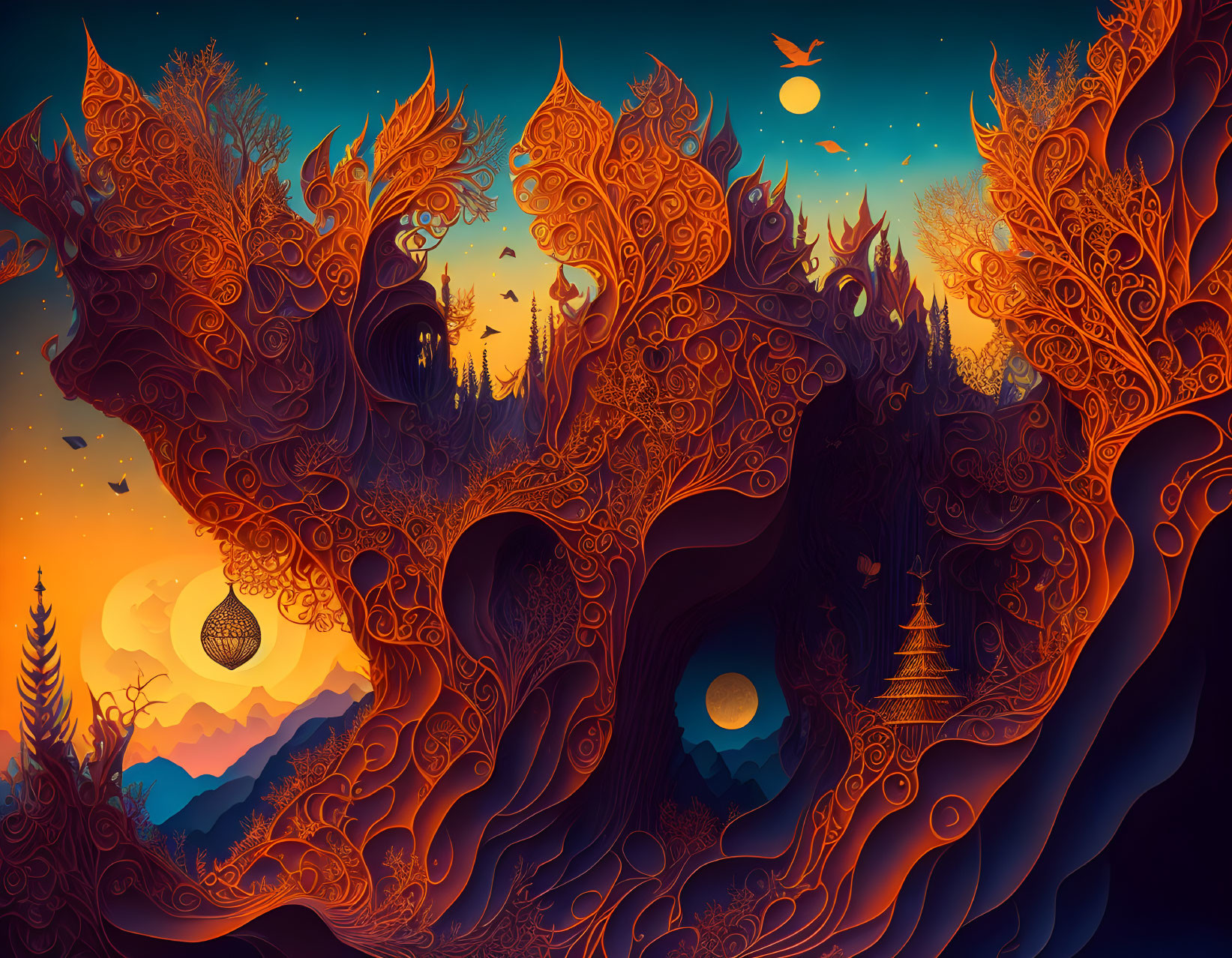 Fantastical dusk landscape with ornate trees and vibrant colors