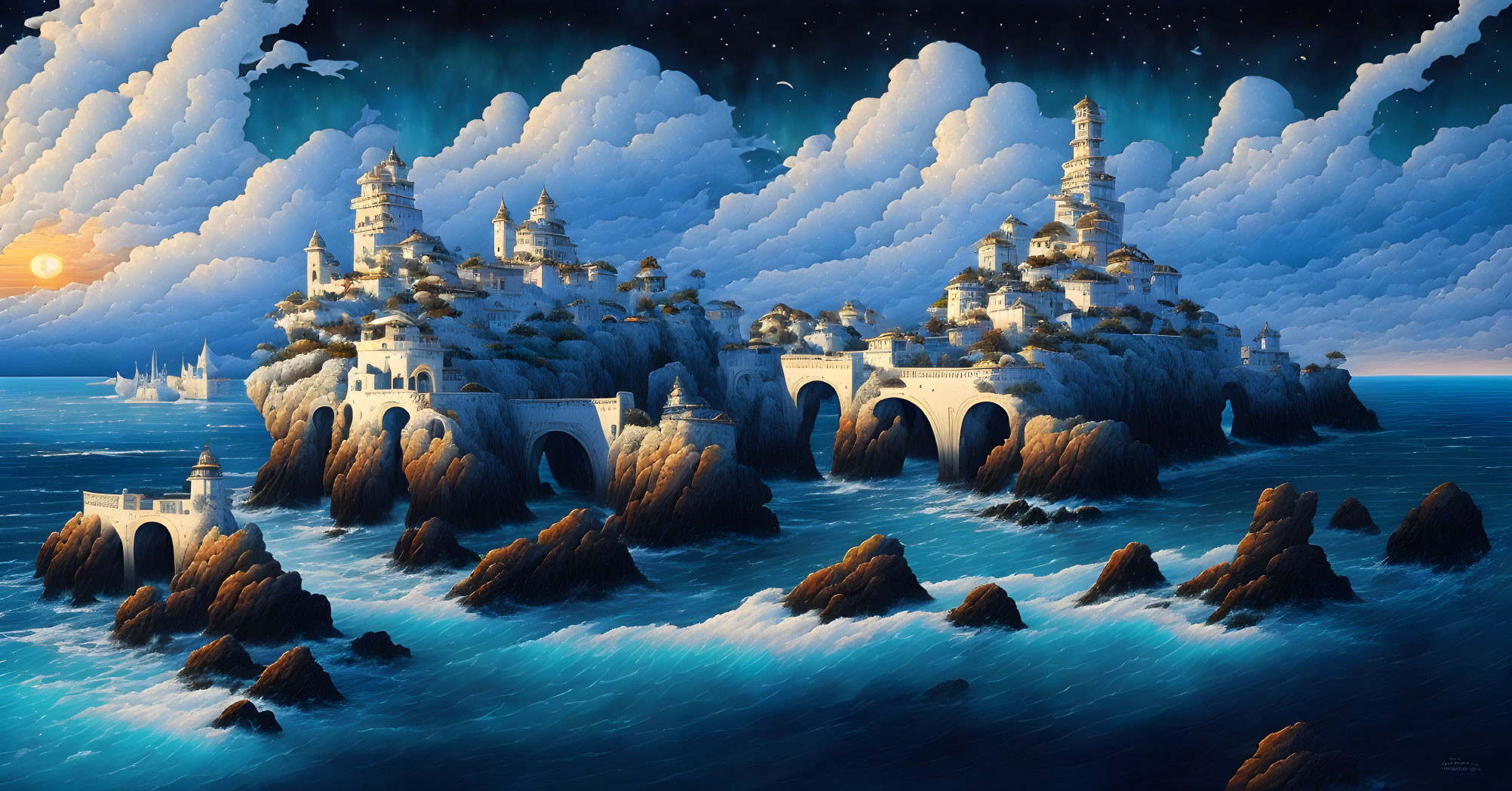 Fantasy seascape with elaborate castle complex at dusk