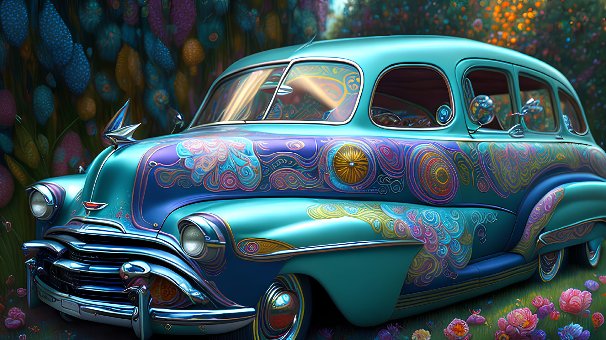 Vintage Car with Turquoise Finish and Psychedelic Patterns in Colorful Garden