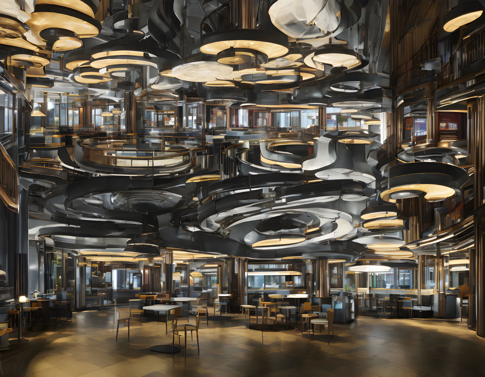 Modern library with staggered bookshelves and artistic lighting fixtures