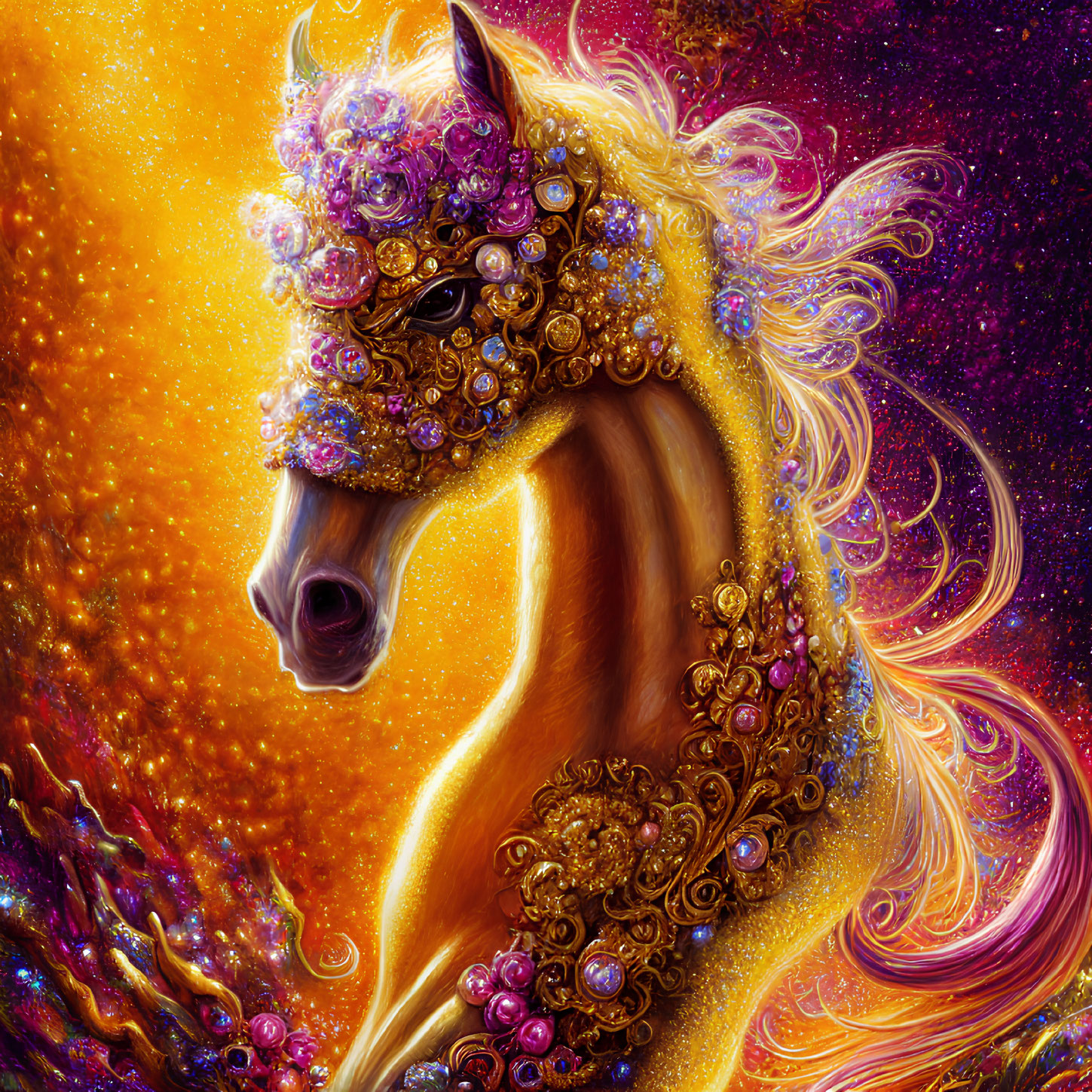 Vibrant golden horse with ornate jewelry in cosmic starry background