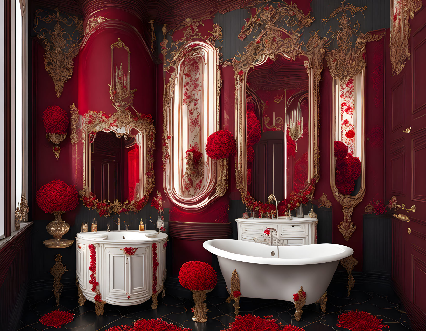 Luxurious Red and Gold Bathroom Decor with Freestanding Tub