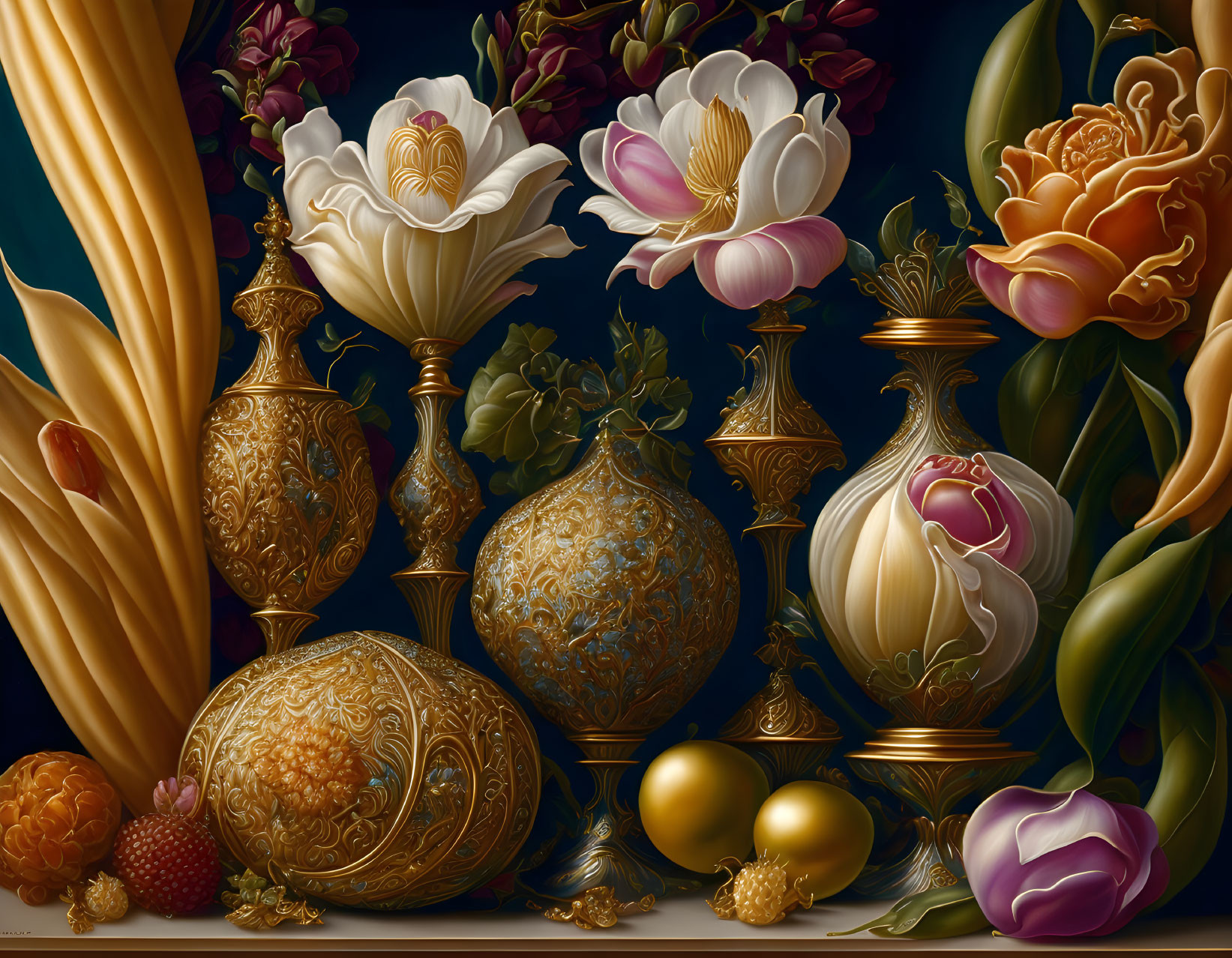 Intricate golden vases with baroque-inspired patterns and lush blooms on dark background