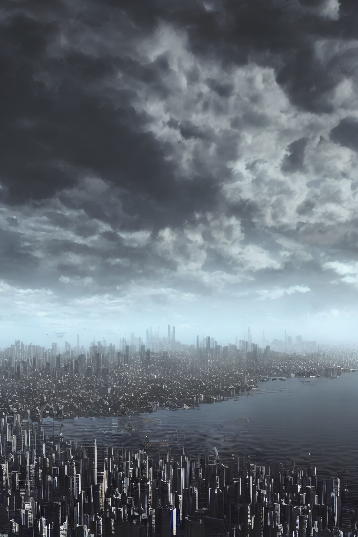 Dystopian cityscape under stormy sky with skyscrapers & water.