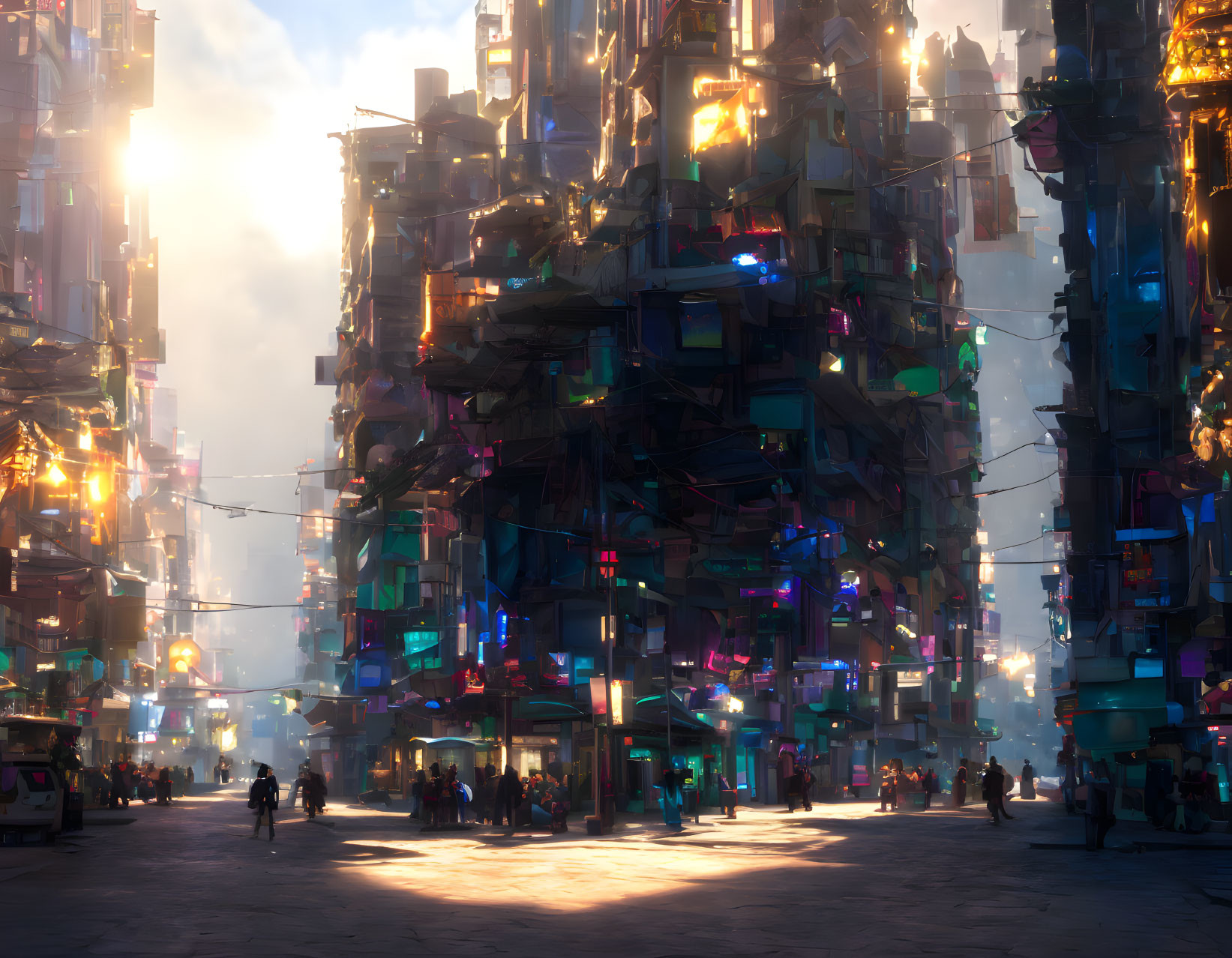 Futuristic cityscape with stacked structures and neon lights at sunset