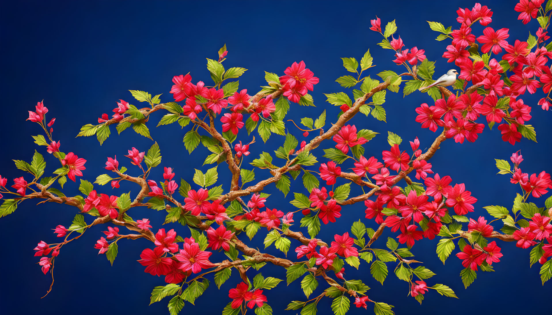 Red Cherry Blossoms and Green Leaves on Blue Background