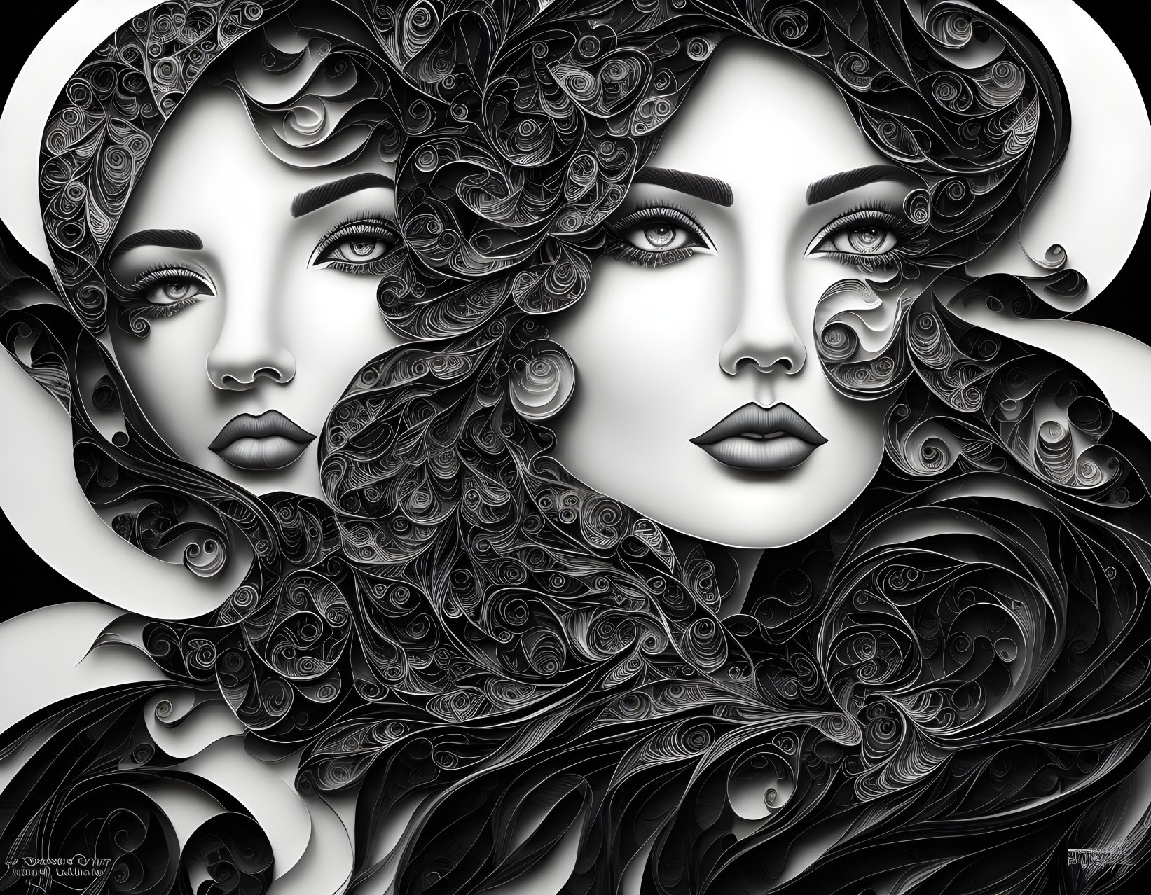 Monochromatic stylized female faces with swirling hair patterns on dark background