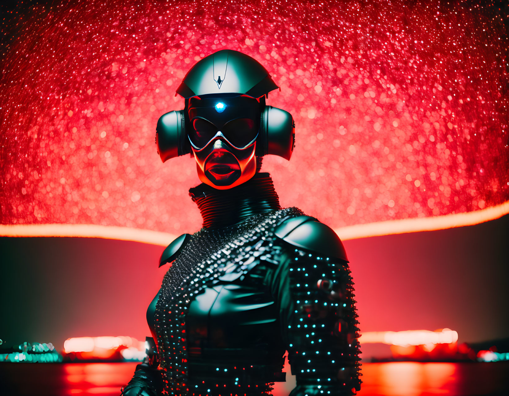 Futuristic person in textured garment under red neon light