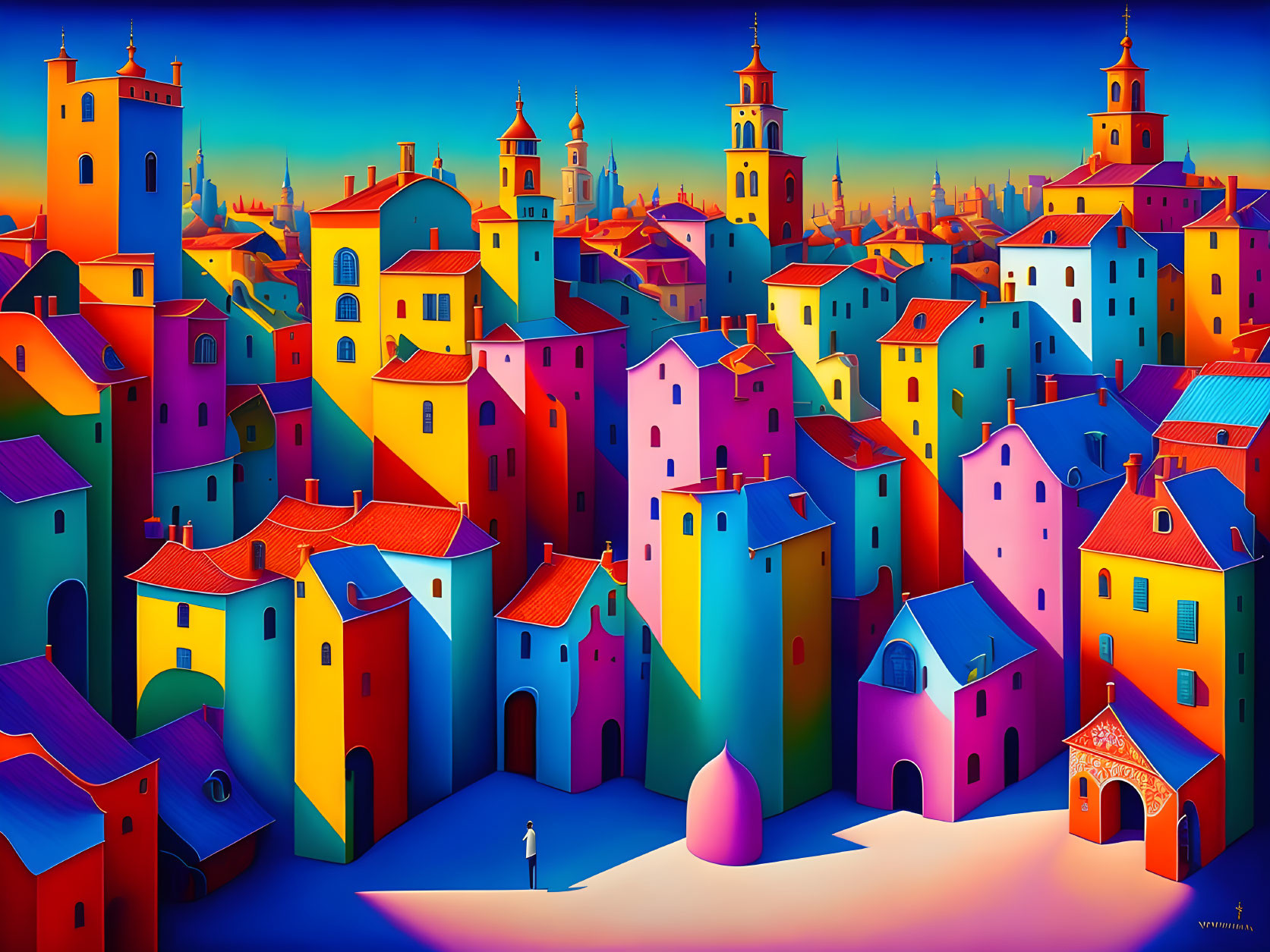 Vibrant Townscape Painting with Colorful Buildings and Towers