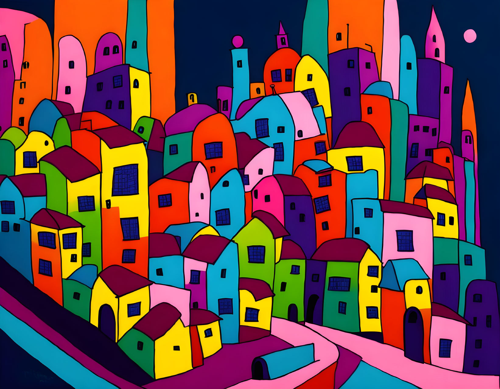 Colorful Stylized Painting of Geometric Buildings Against Dark Sky