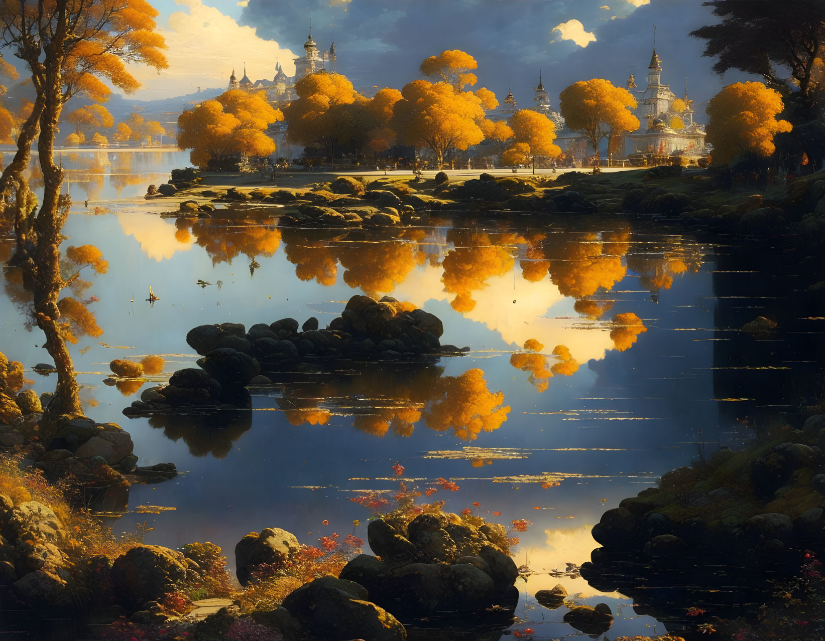 Tranquil lake with autumn trees and castle spires in serene landscape