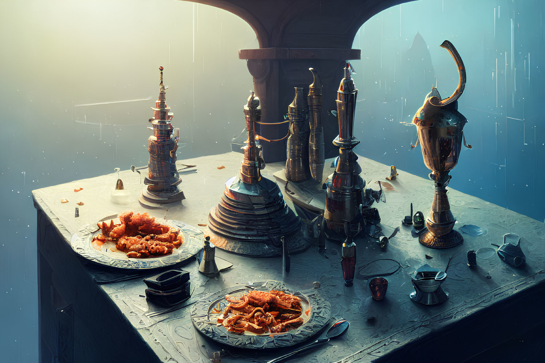 Elaborate futuristic banquet table with vibrant food and blue-lit cityscape