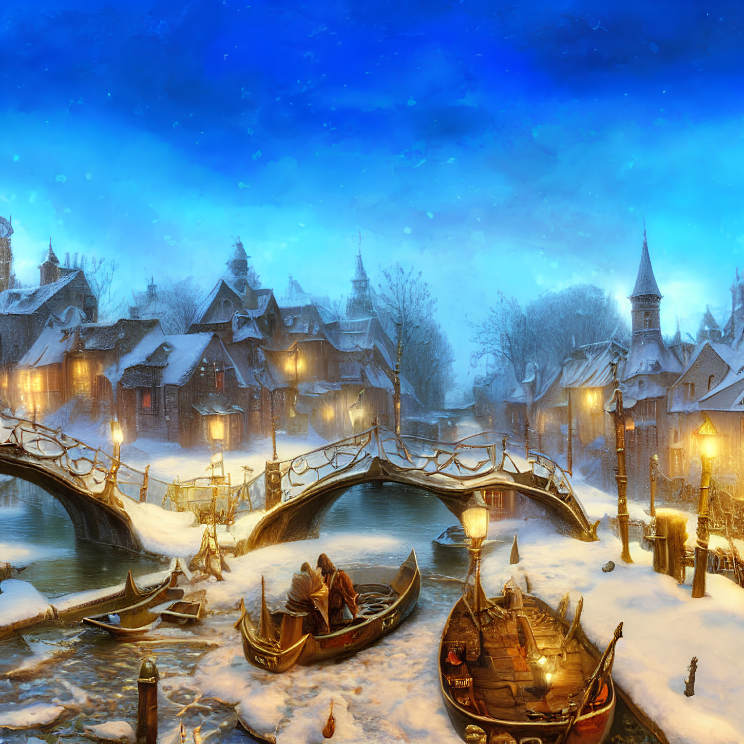 Snow-covered rooftops and ornate bridges in a twilight winter fantasy scene