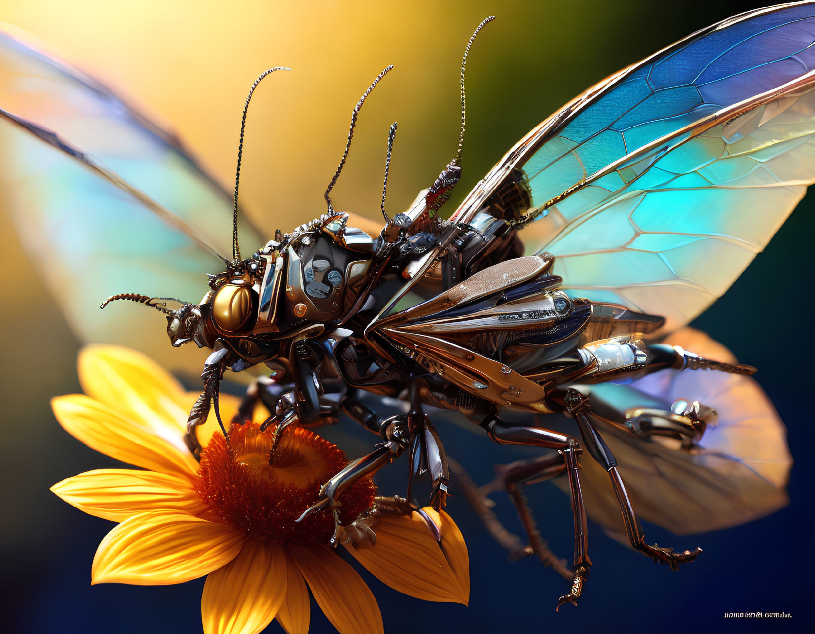 Detailed Mechanical Insect on Orange Flower with Iridescent Wings