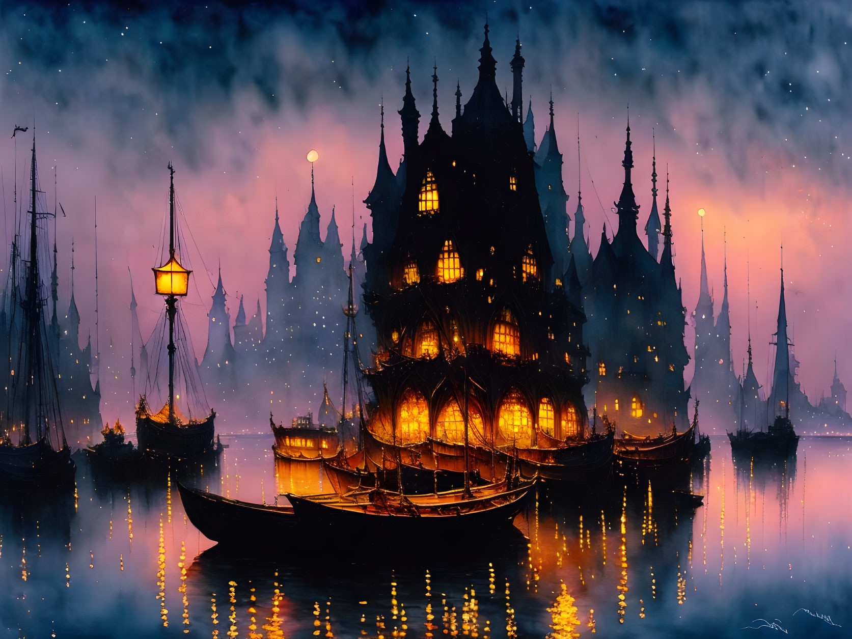 Ethereal fantasy castle night scene on water with boats under starry sky