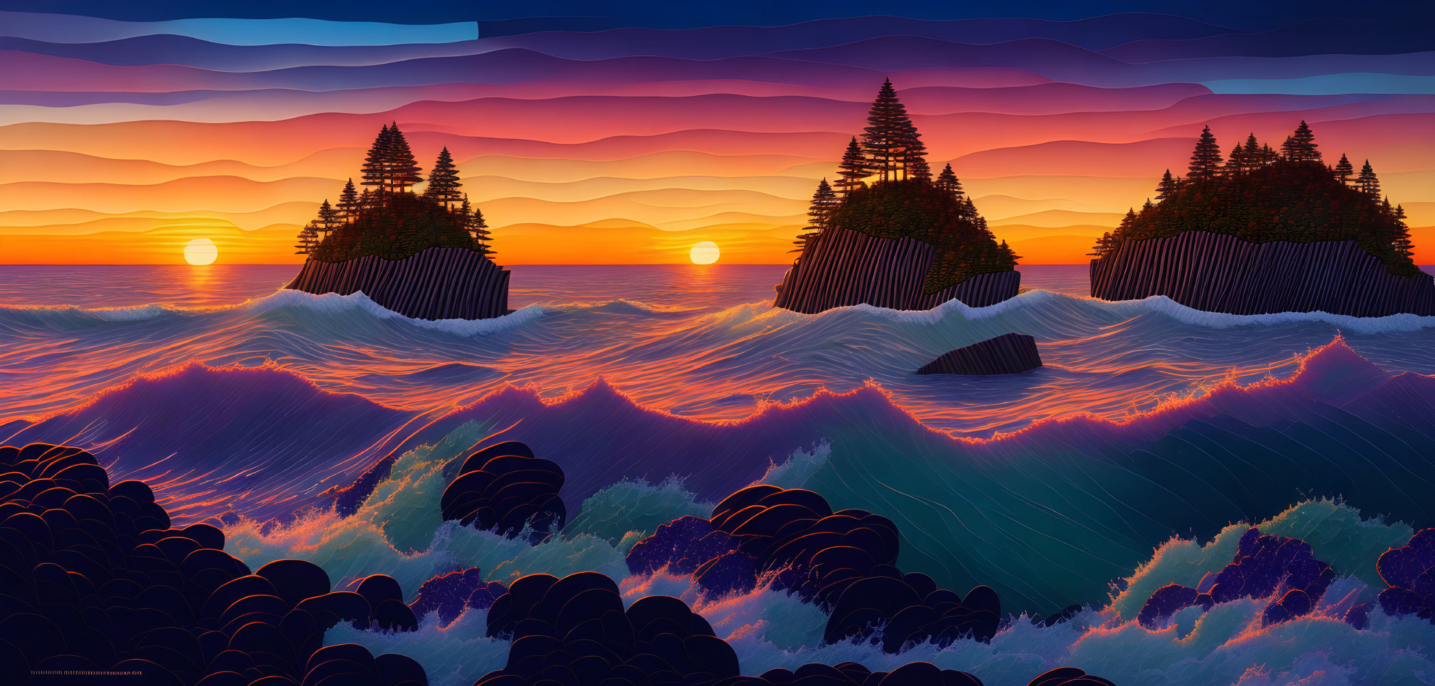 Digital artwork: Turbulent ocean waves, islets, trees, striking sunset, layered clouds