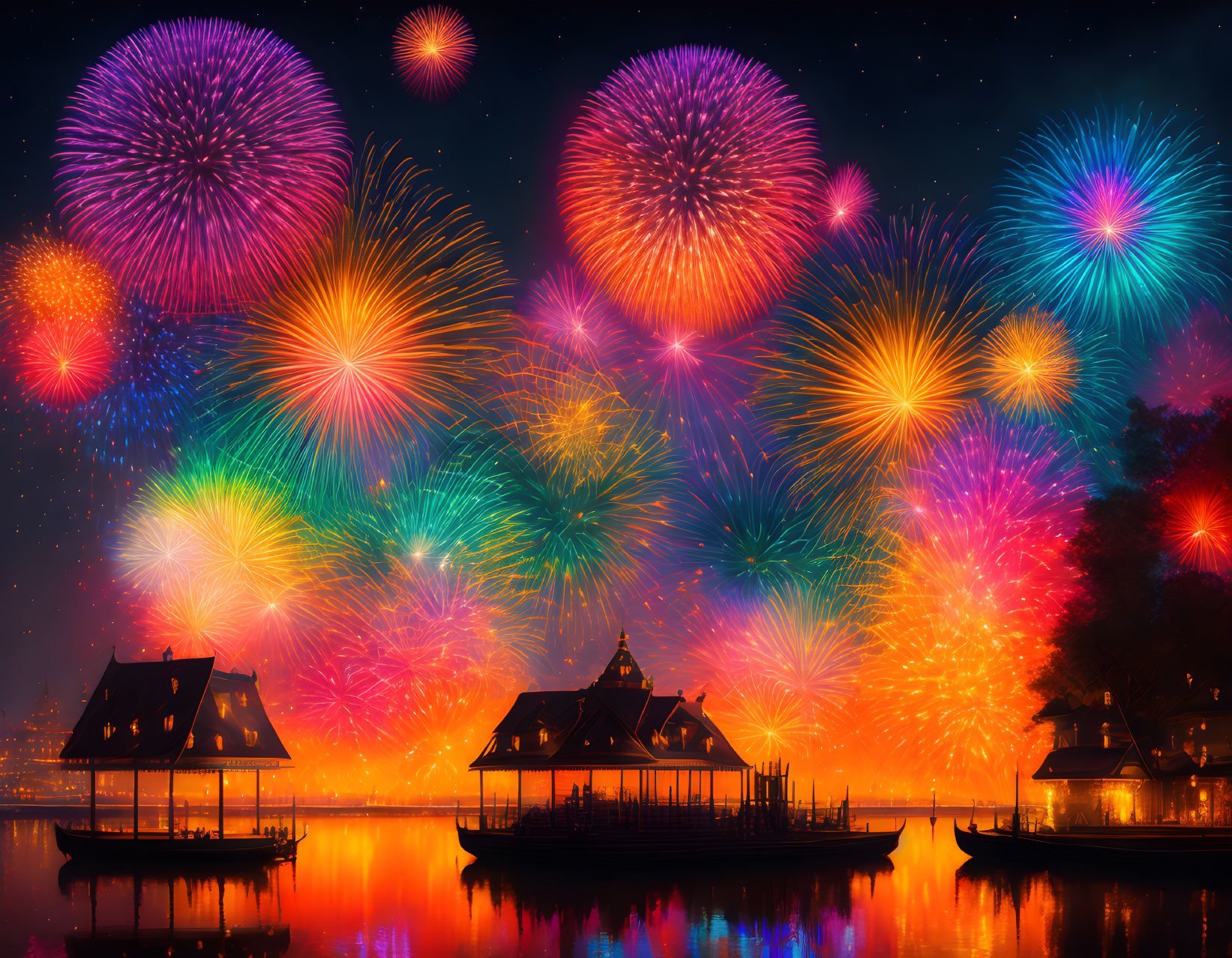 Colorful Fireworks Display Over Serene Lake with Pavilions