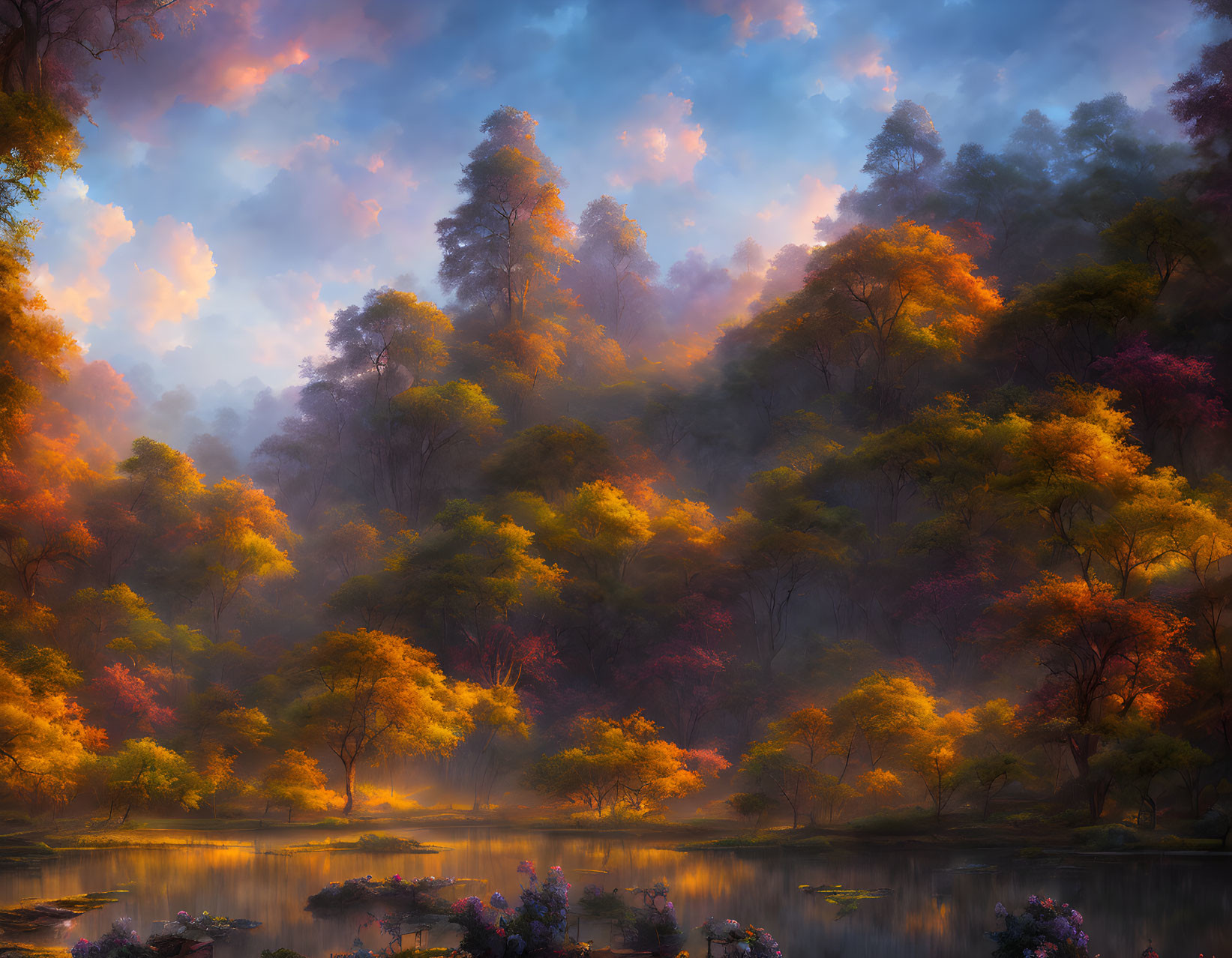 Tranquil lake with vivid autumn trees and dynamic pink and blue clouds