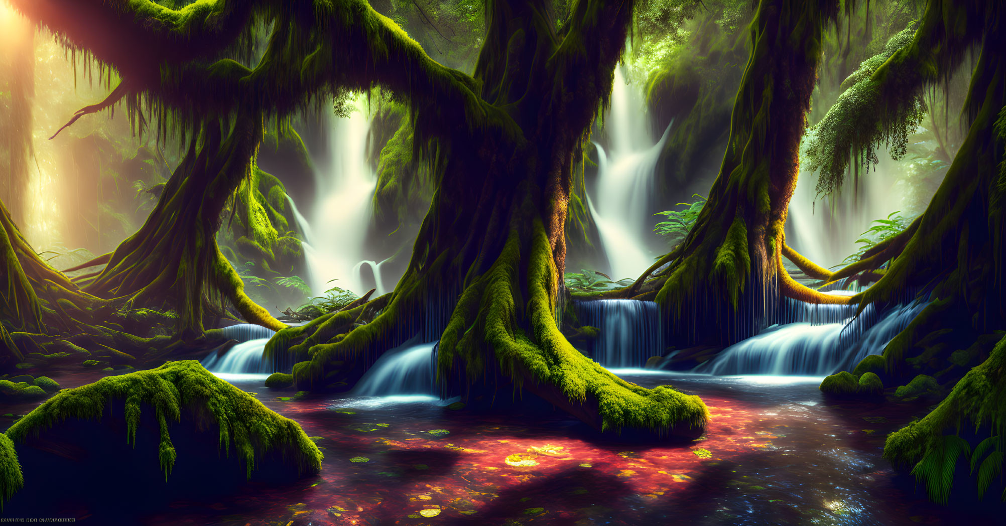 Mystical forest with moss-covered trees and glowing river