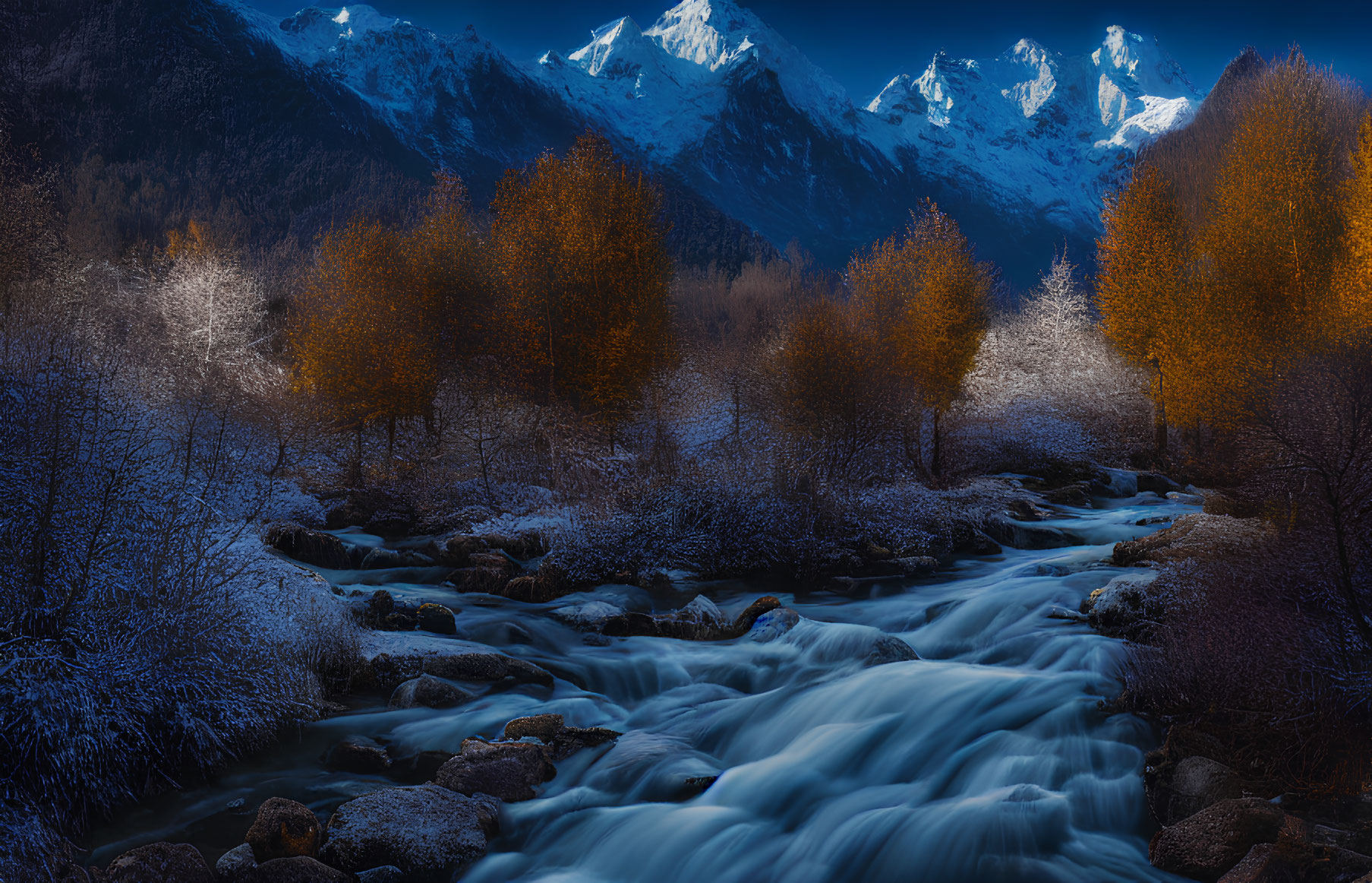 Tranquil night landscape with river, autumn trees, and snowy mountains