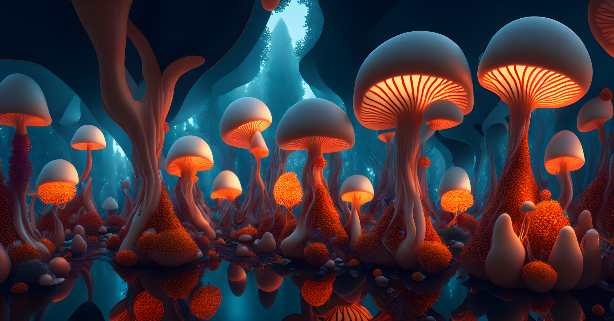 Luminescent Mushroom Structures in Blue Forest