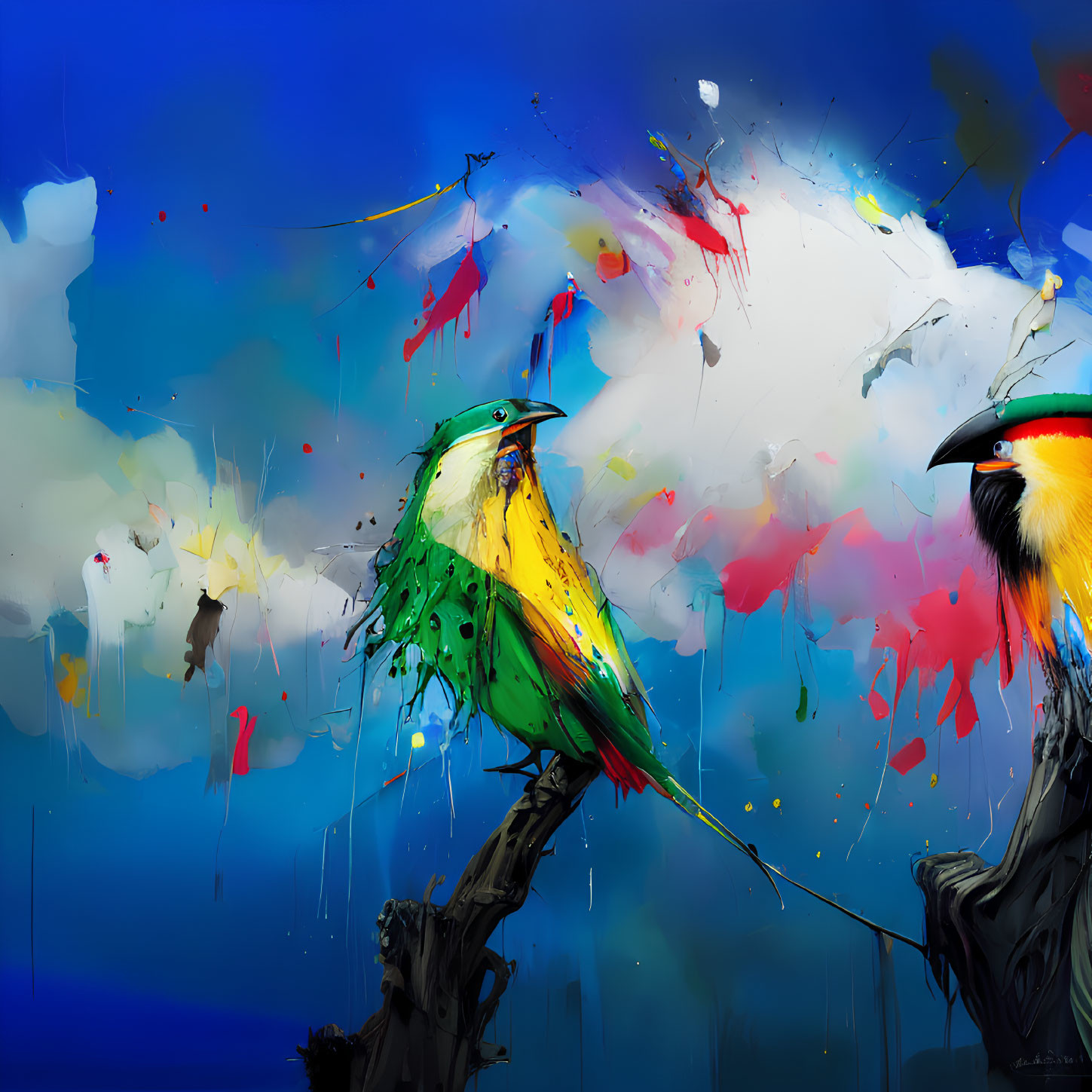 Colorful Abstract Painting: Two Birds on Branches with Dynamic Splash on Blue Background