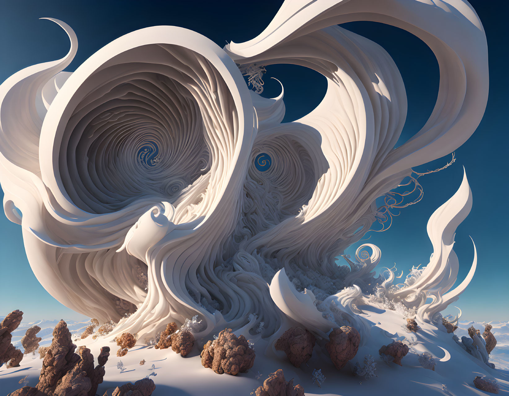 Surreal desert landscape with swirling abstract shapes against blue sky