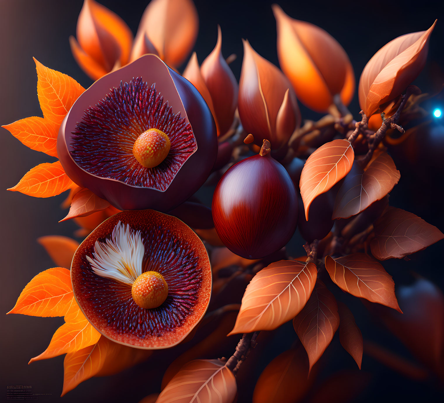 Colorful digital art: branch with orange leaves & exotic fruits cut open showing detailed seed patterns