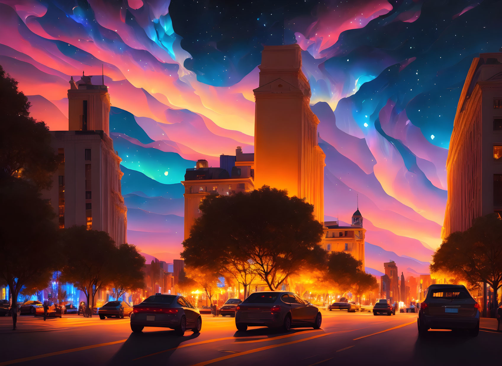 Vibrant twilight cityscape with swirling aurora-like sky