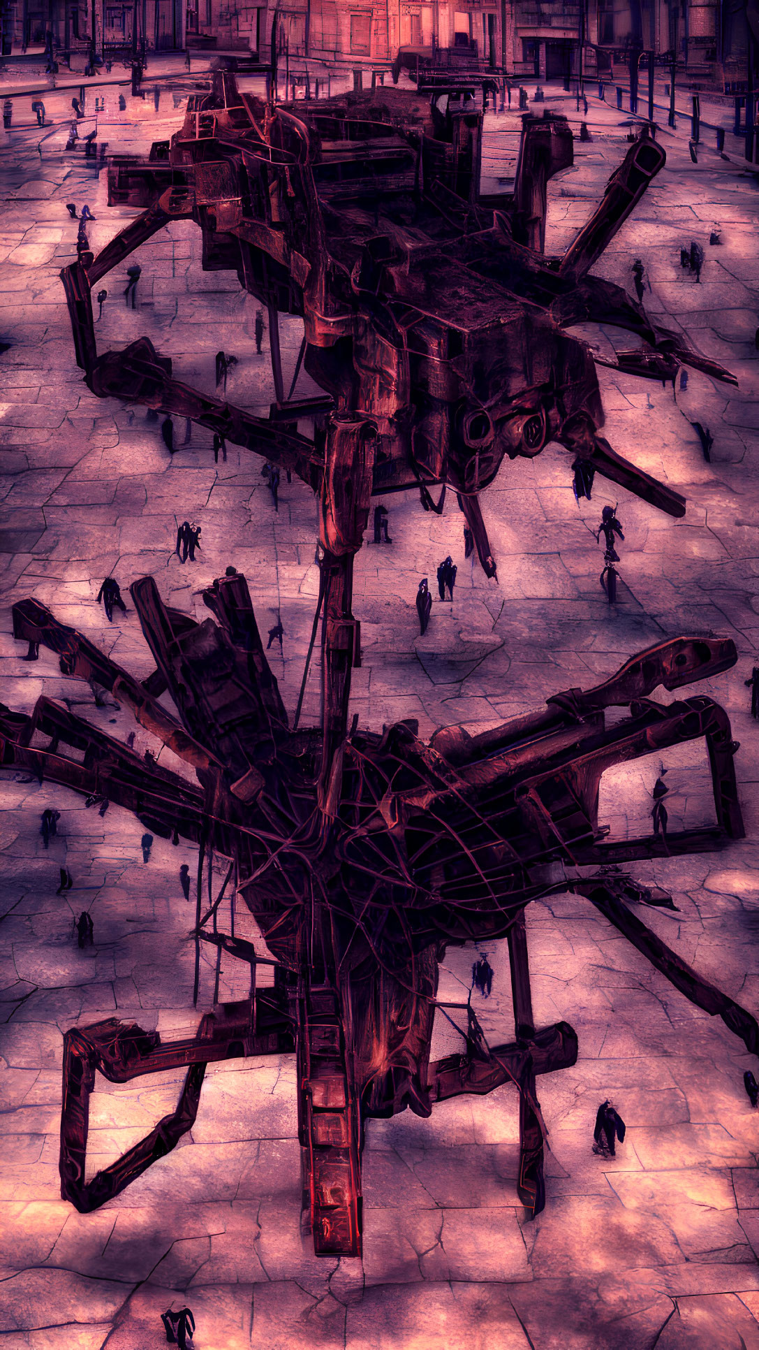 Surreal dystopian scene: intricate metallic structure, silhouetted figures, cracked surface,