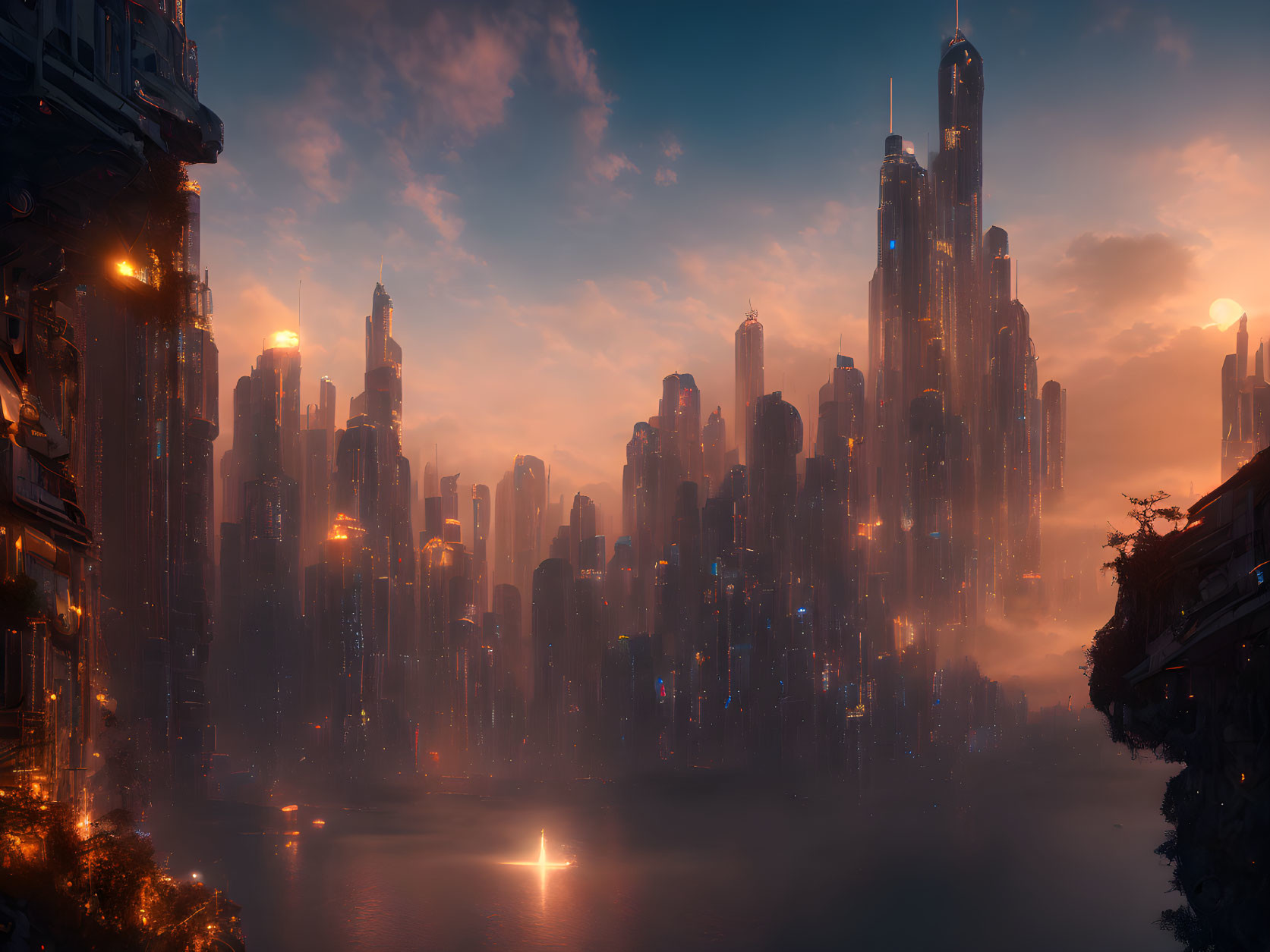 Futuristic cityscape at dusk: skyscrapers, warm light, tranquil water, orange sky