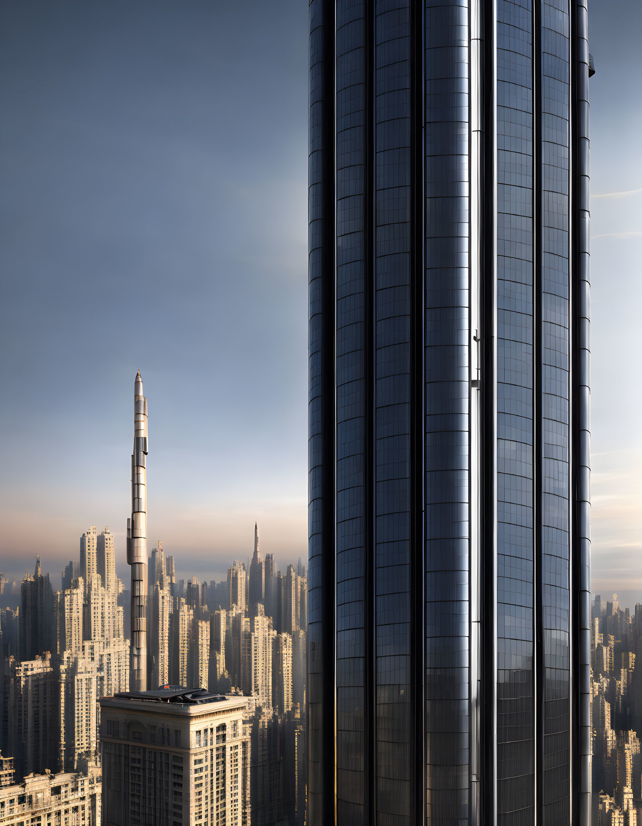 Towering Skyscraper Reflects Cityscape at Sunset