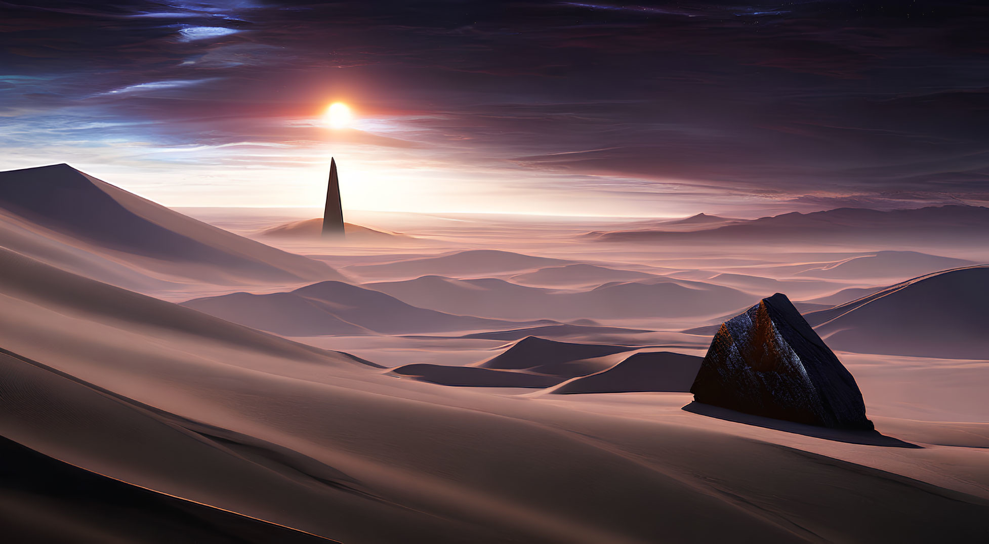 Surreal desert landscape: smooth dunes, monolithic tower, triangular structure, dramatic sky