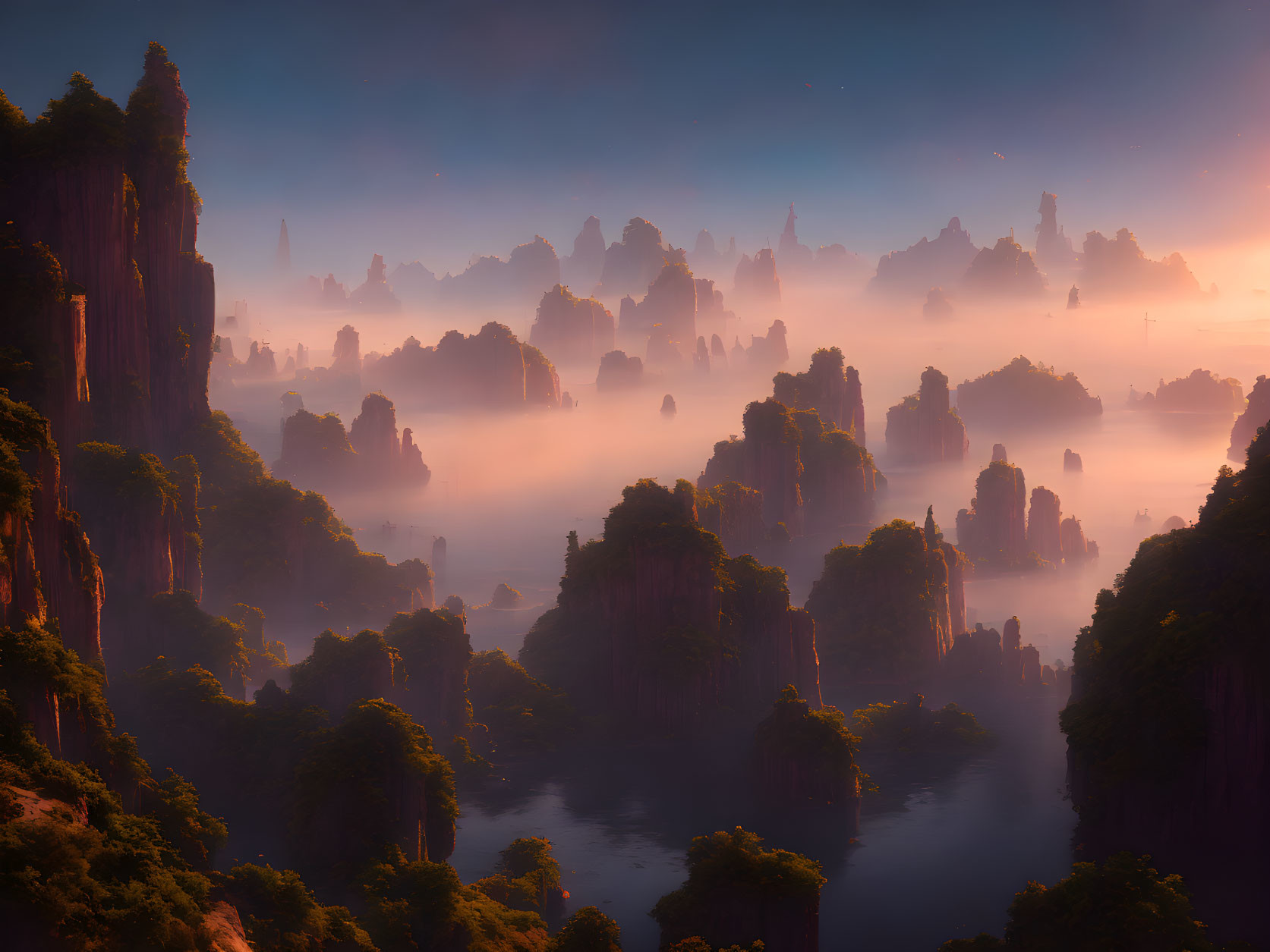 Mystical sunrise landscape with towering rock pillars in low-lying fog
