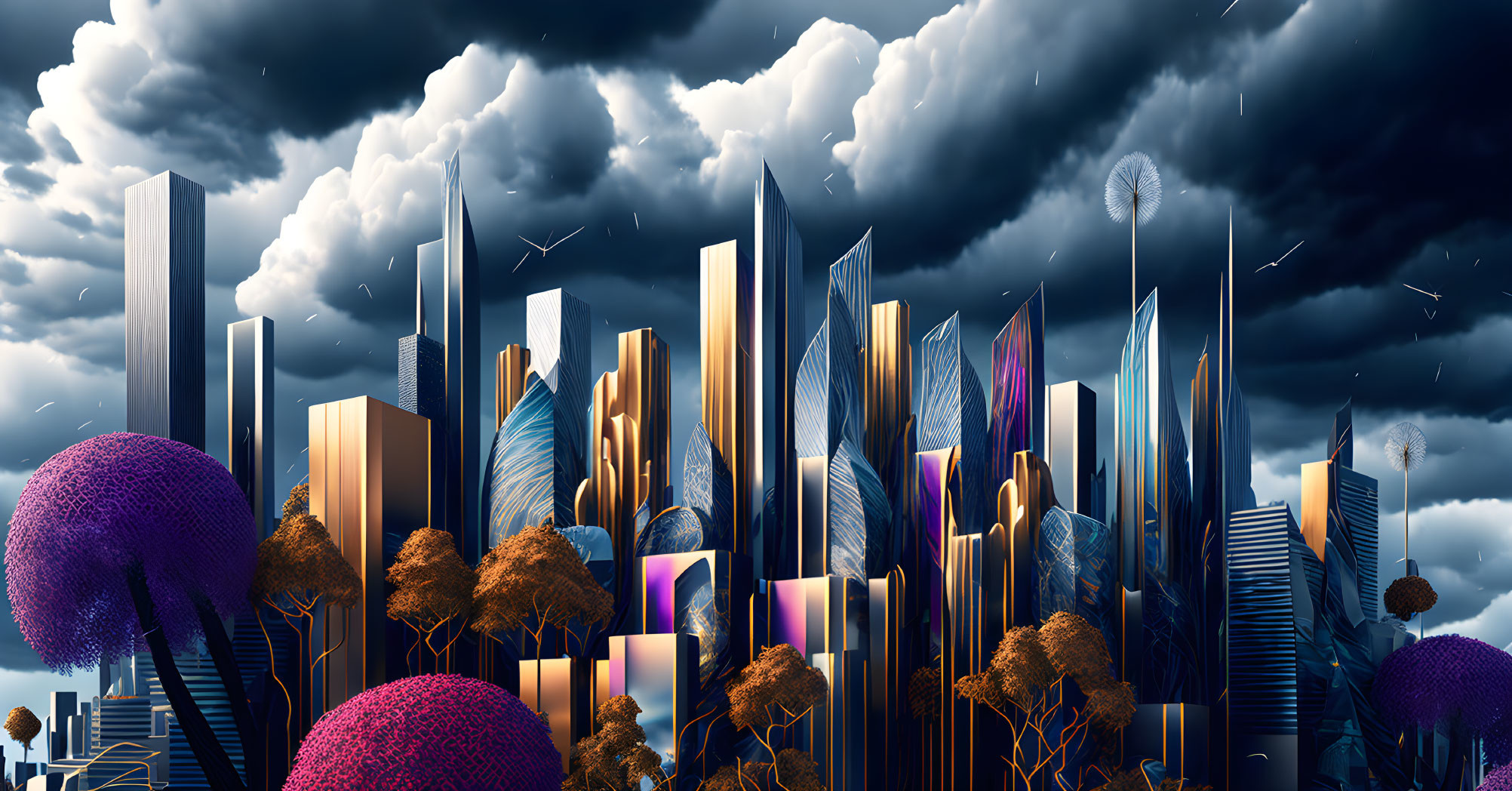 Futuristic cityscape with stylized skyscrapers and stormy sky.