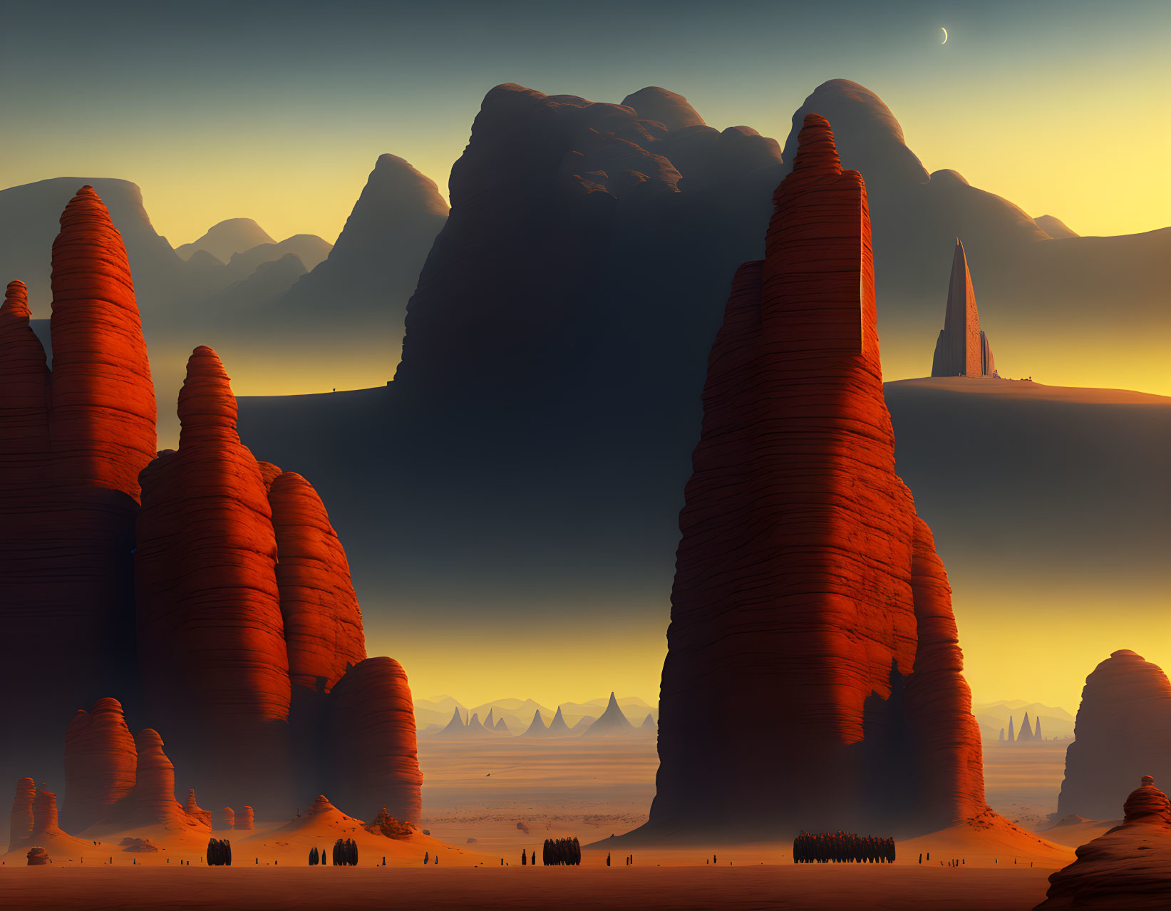 Surreal desert landscape with red rock formations and futuristic spire