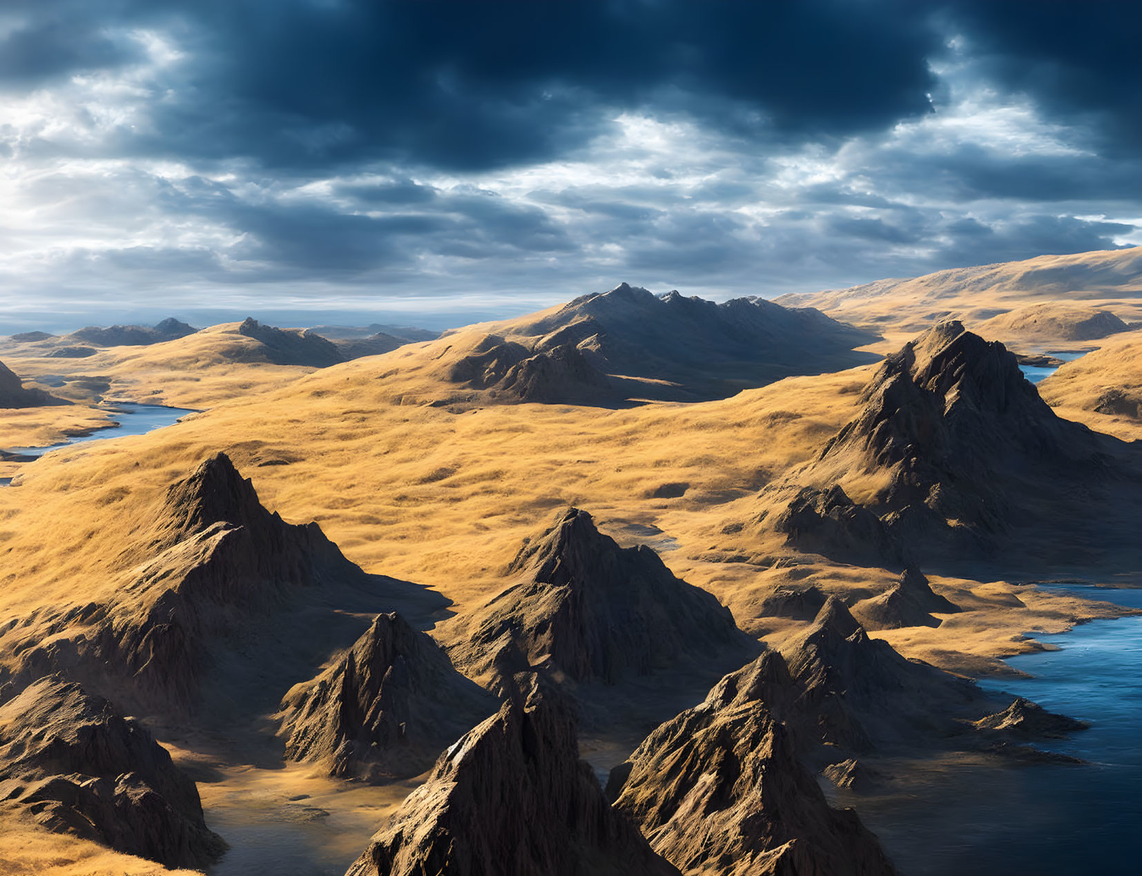 Dramatic shadows on rugged mountains under golden sunlight