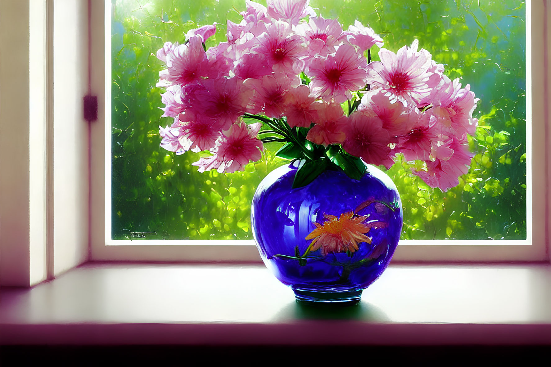 Pink Flowers Bouquet in Blue Vase on Sunlit Windowsill