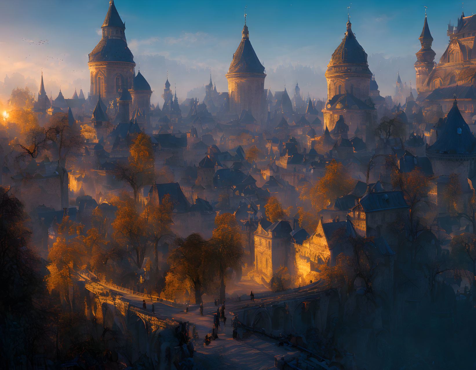 Fantasy cityscape at sunset with glowing lights and towering spires