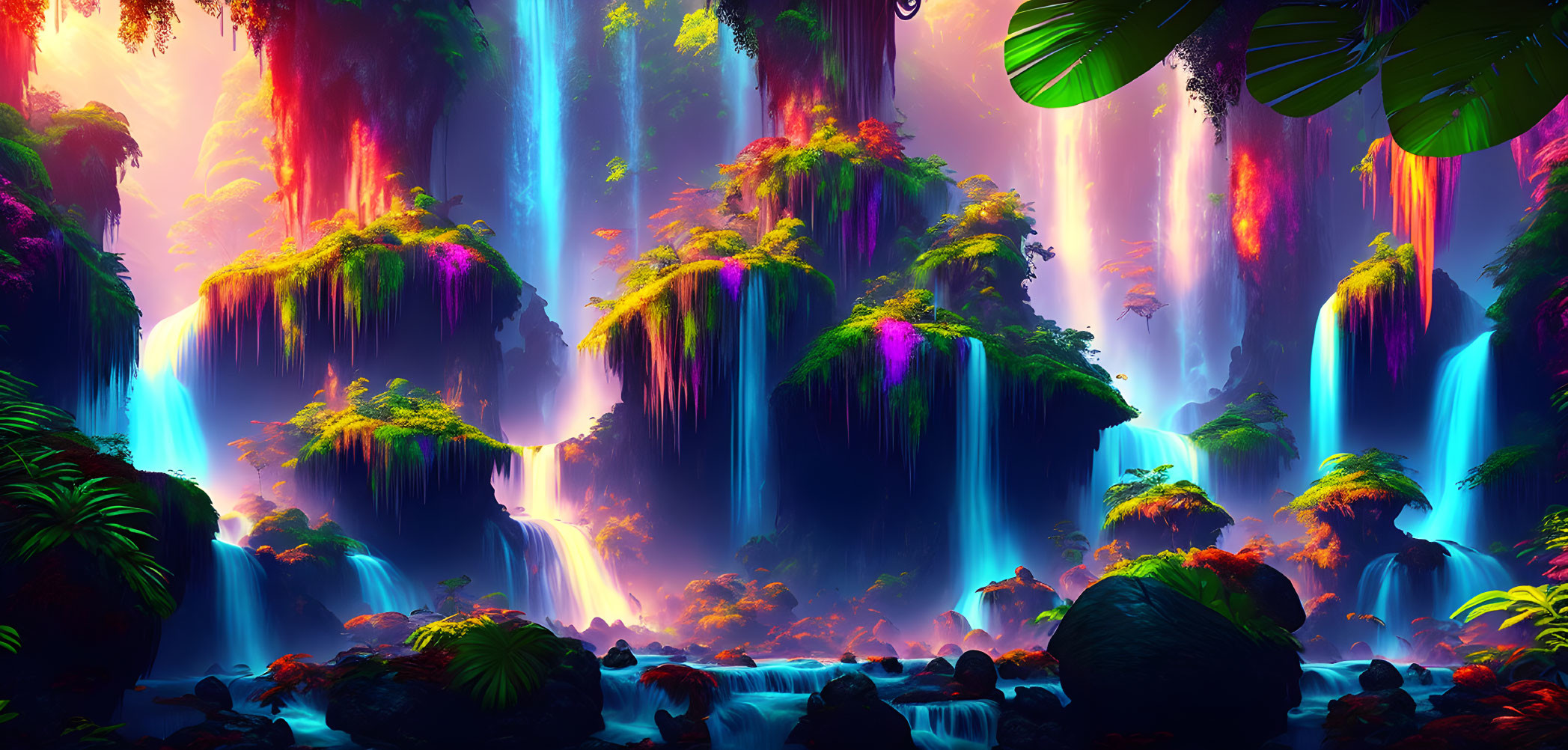 Colorful Fantasy Forest with Waterfalls & Enchanting Atmosphere