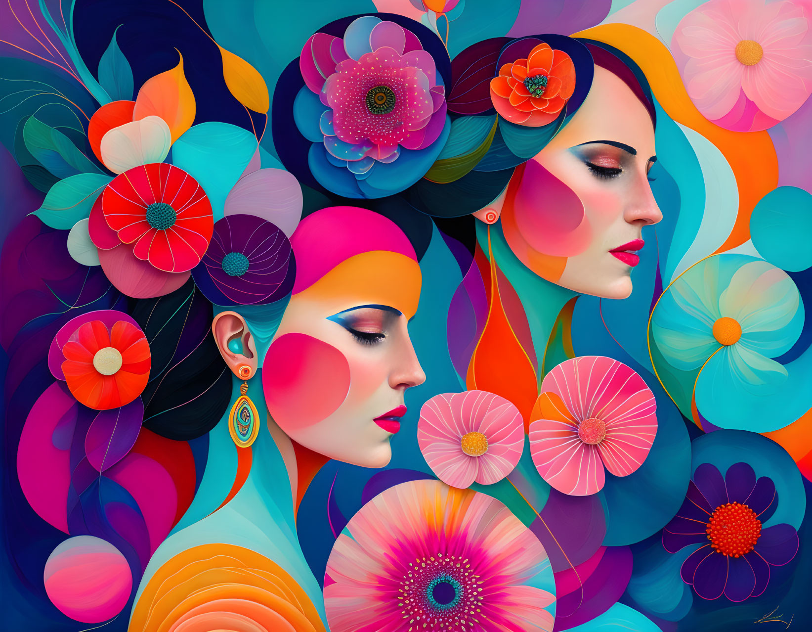 Colorful Digital Art: Two Female Profiles Among Floral Patterns