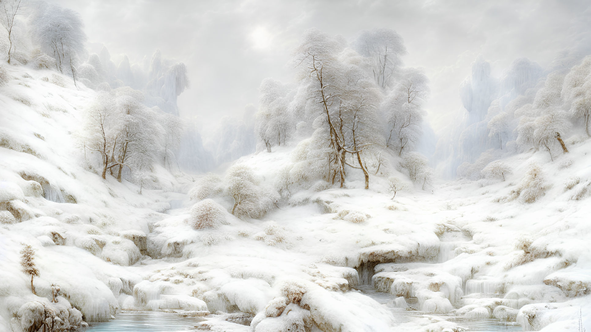 Snow-covered trees, frosted hills, and frozen stream in serene winter setting