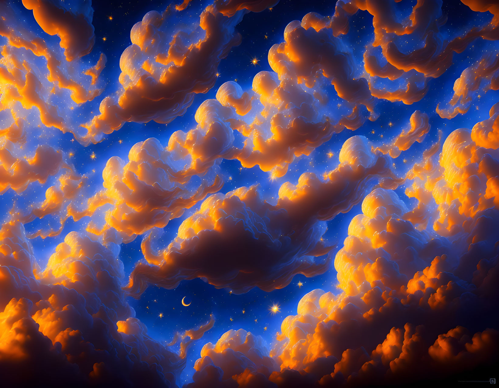 Colorful Clouds Artwork: Orange Glow, Blue Sky, Moon & Star