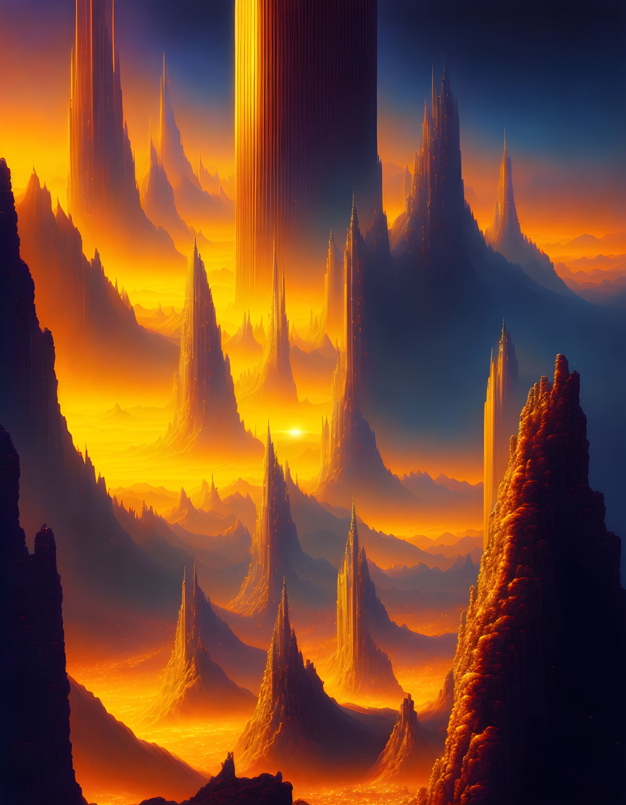 Fantastical landscape with towering spires and peaks at sunset or sunrise